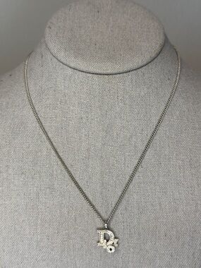 Christian Dior CD Logo Rhinestone Silver Tone Pendant Necklace